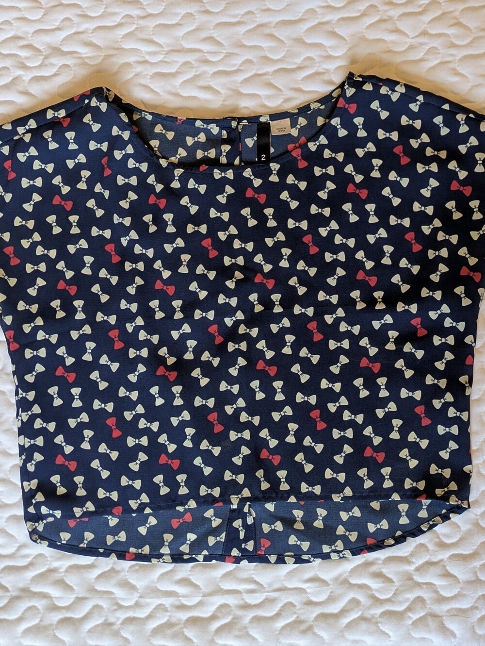 Navy Bow Print Waist Line Top with Pink and Cream Accents